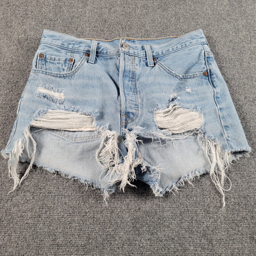 Levi's 501 Original Cut Off Shorts Women 29 Light Blue Button Fly Distressed